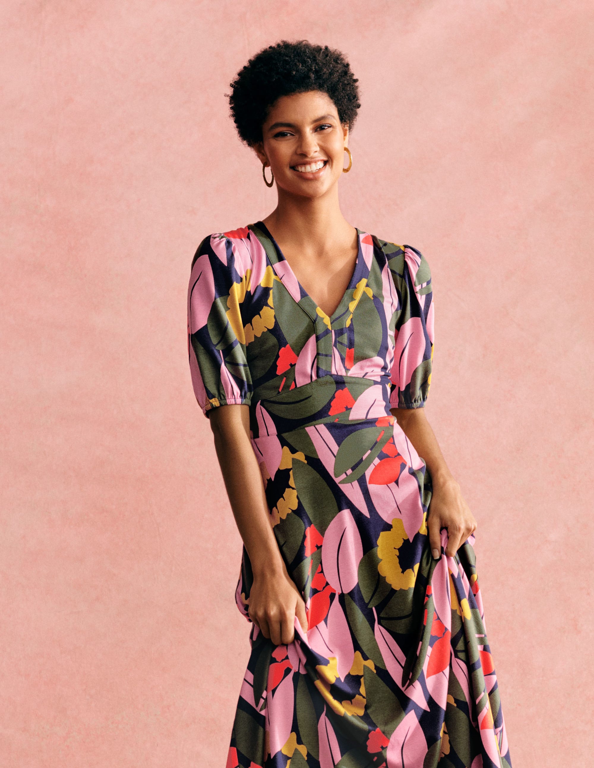 Robe midi col V en jersey-Bleu marine foncé, motif Abstract Bloom - Image 6