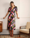 Robe midi col V en jersey-Bleu marine foncé, motif Abstract Bloom