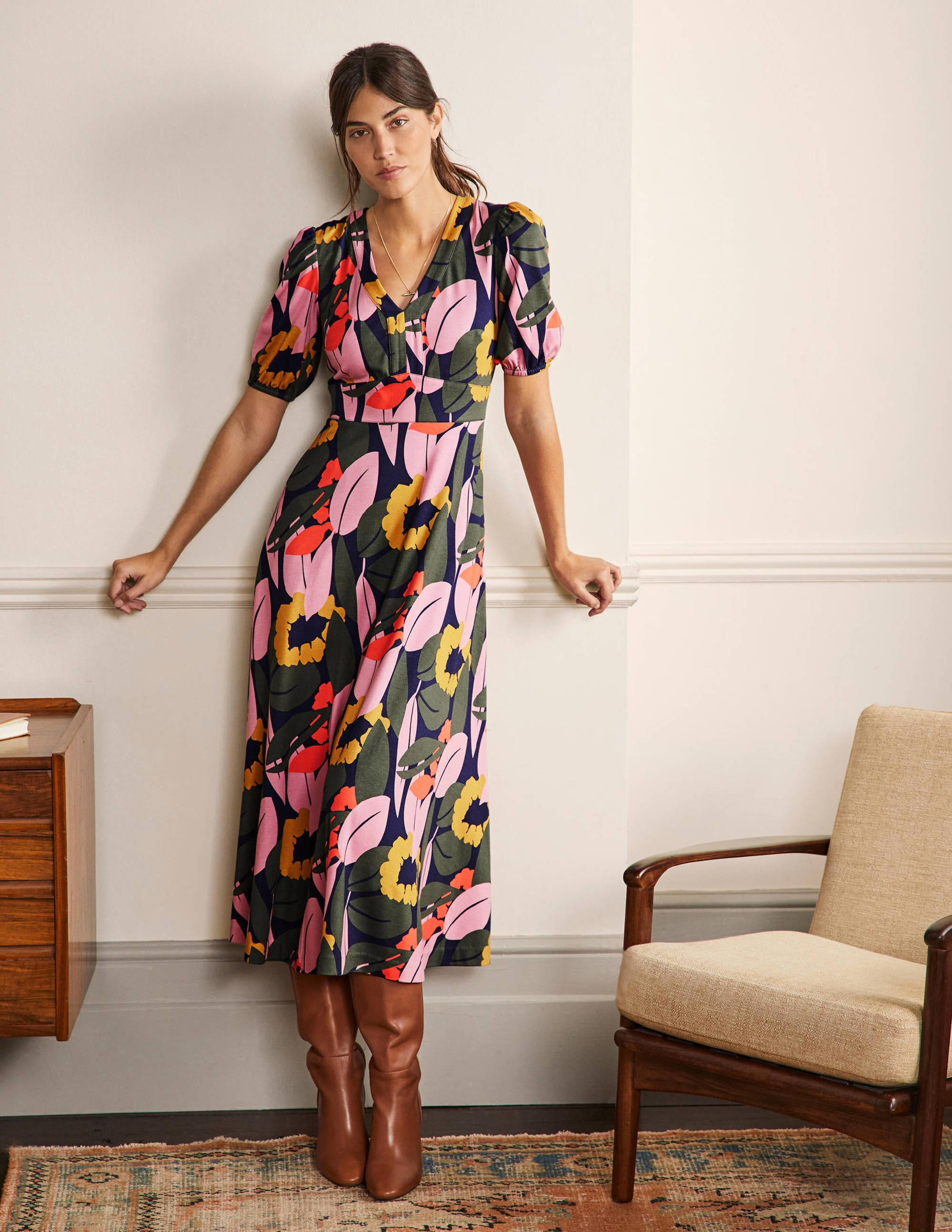 Robe midi col V en jersey-Bleu marine foncé, motif Abstract Bloom - Image 1