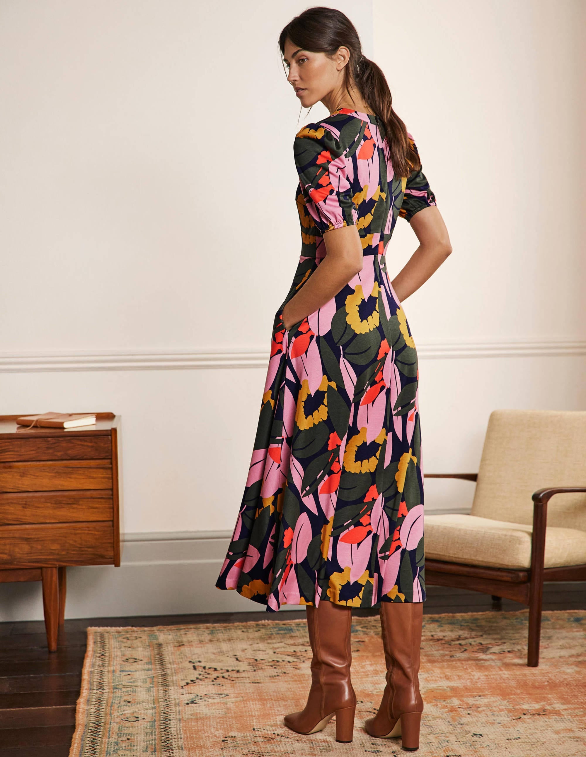Robe midi col V en jersey-Bleu marine foncé, motif Abstract Bloom - Image 3