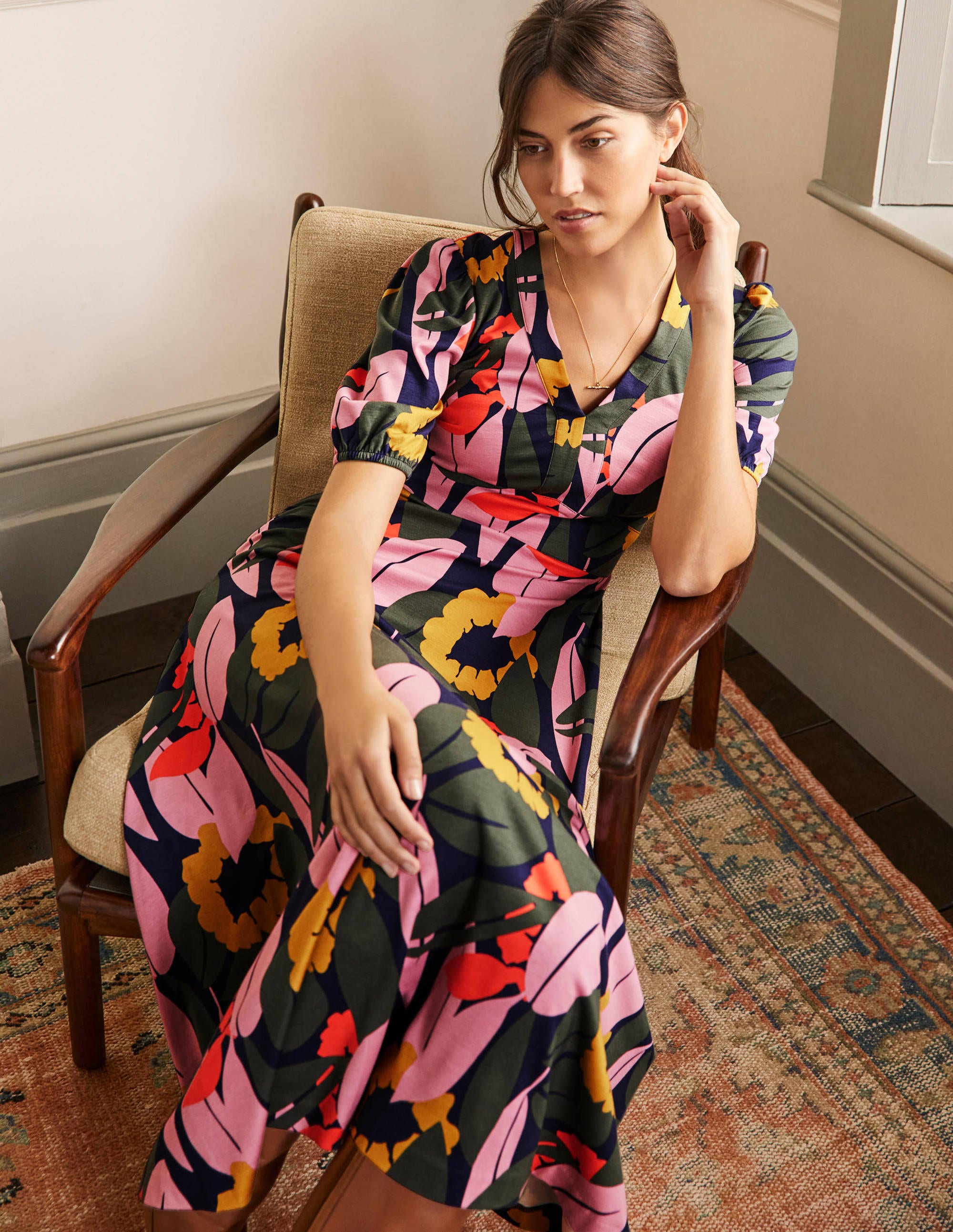 Robe midi col V en jersey-Bleu marine foncé, motif Abstract Bloom - Image 4