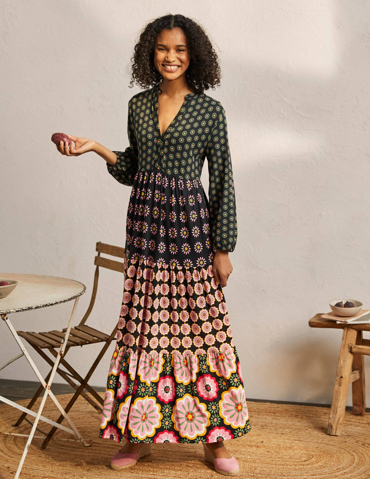 Maxi-Kleid mit gekerbtem Ausschnitt-Mustermix, Bunt-1