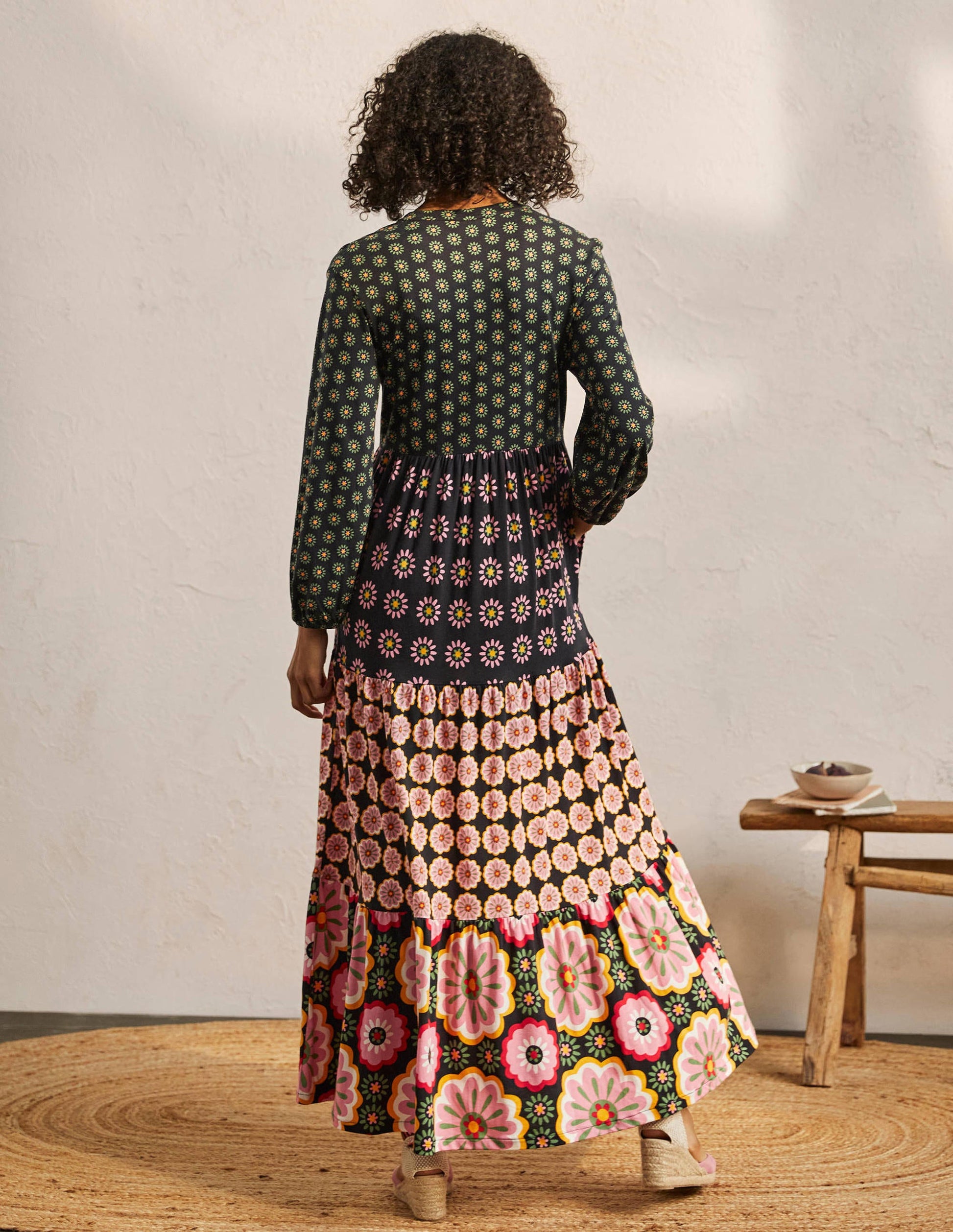 Maxi-Kleid mit gekerbtem Ausschnitt-Mustermix, Bunt-3