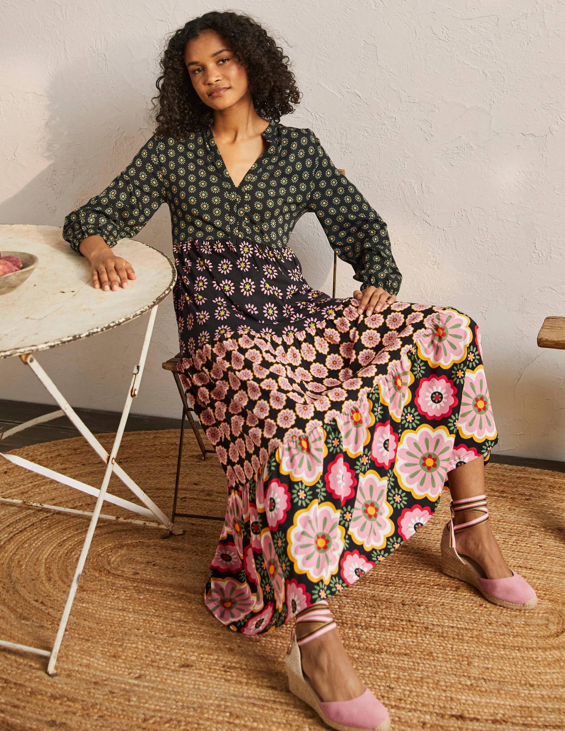 Maxi-Kleid mit gekerbtem Ausschnitt-Mustermix, Bunt-4