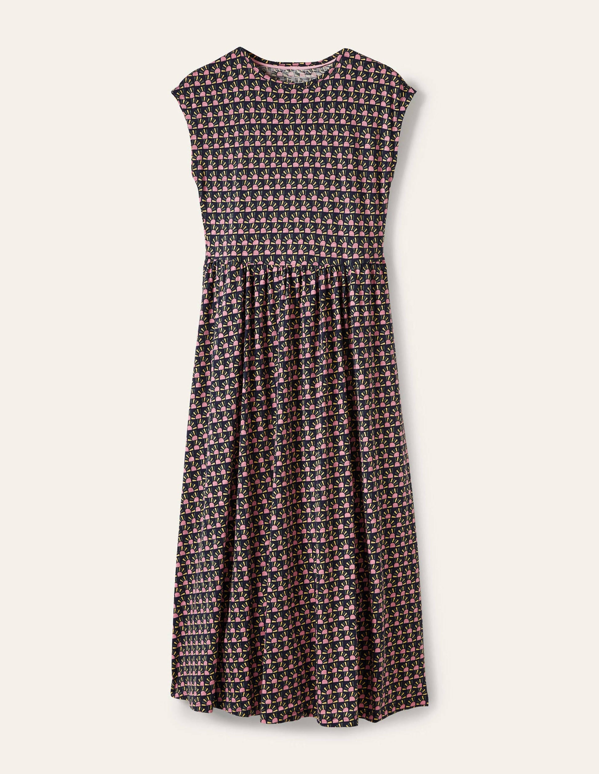 Schlichtes T-Shirt-Midikleid-Französisches Navy, Geometrisches Sonnenaufgangsmuster-5