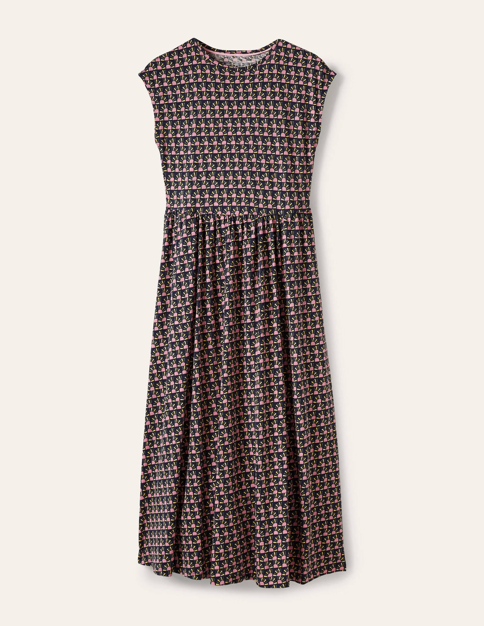 Schlichtes T-Shirt-Midikleid-Französisches Navy, Geometrisches Sonnenaufgangsmuster - Image 5