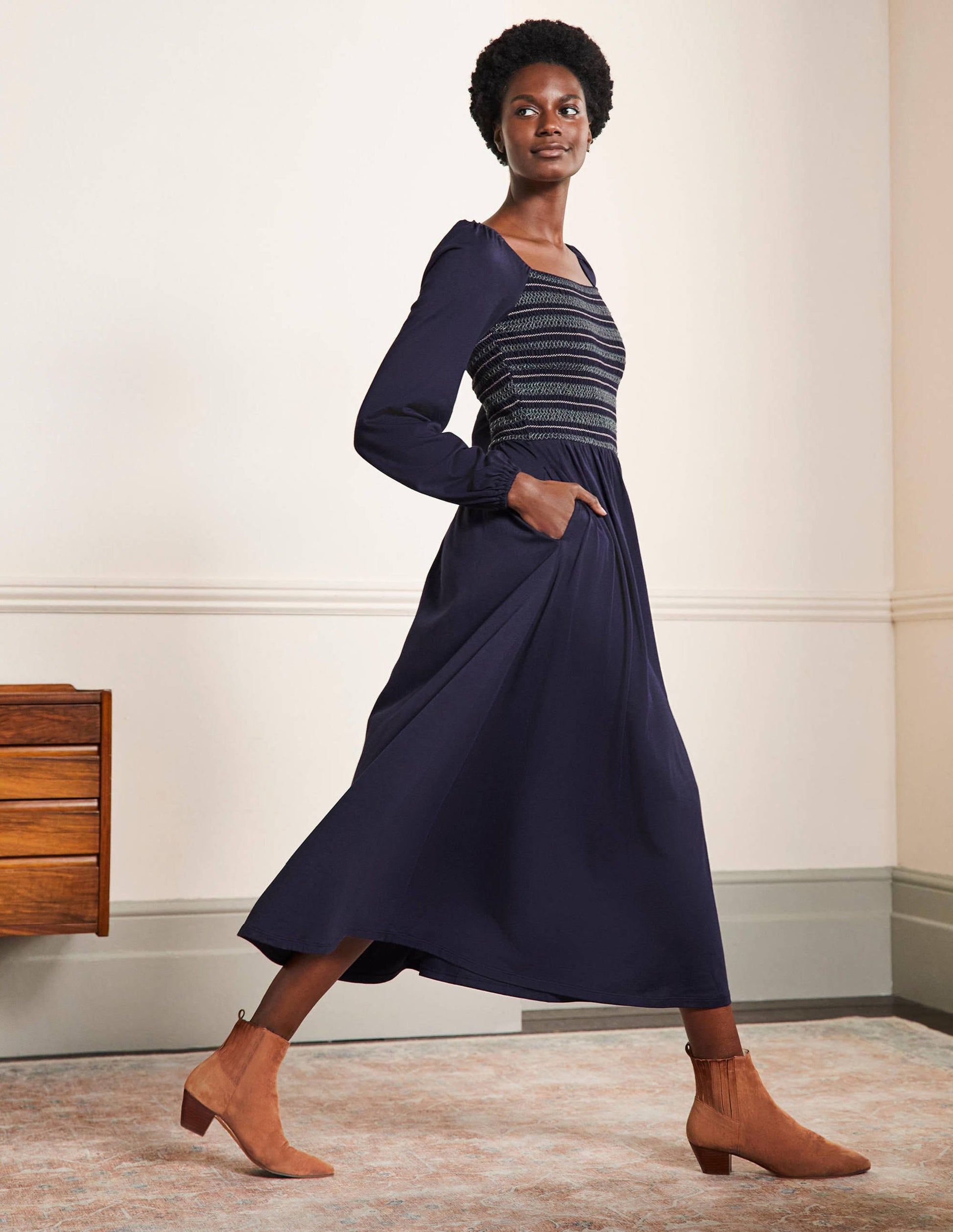 Robe midi à smocks en jersey-Bleu marine-1