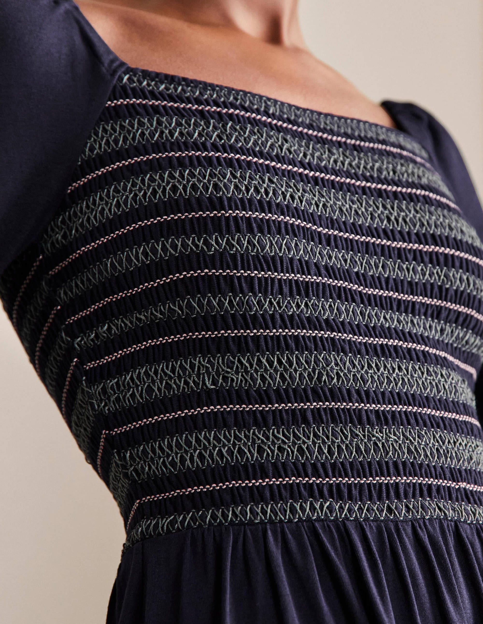 Robe midi à smocks en jersey-Bleu marine - Image 2