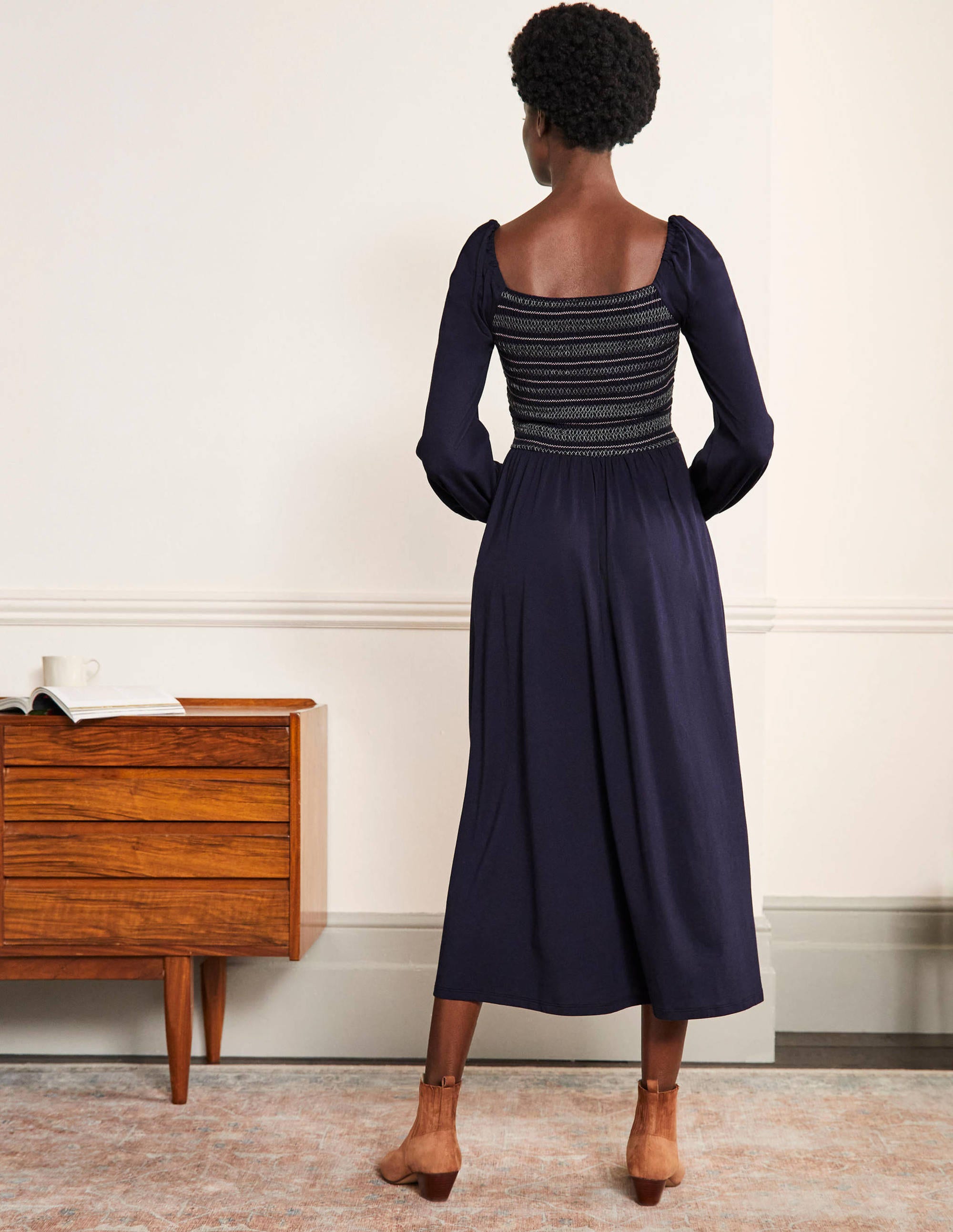 Robe midi à smocks en jersey-Bleu marine - Image 3