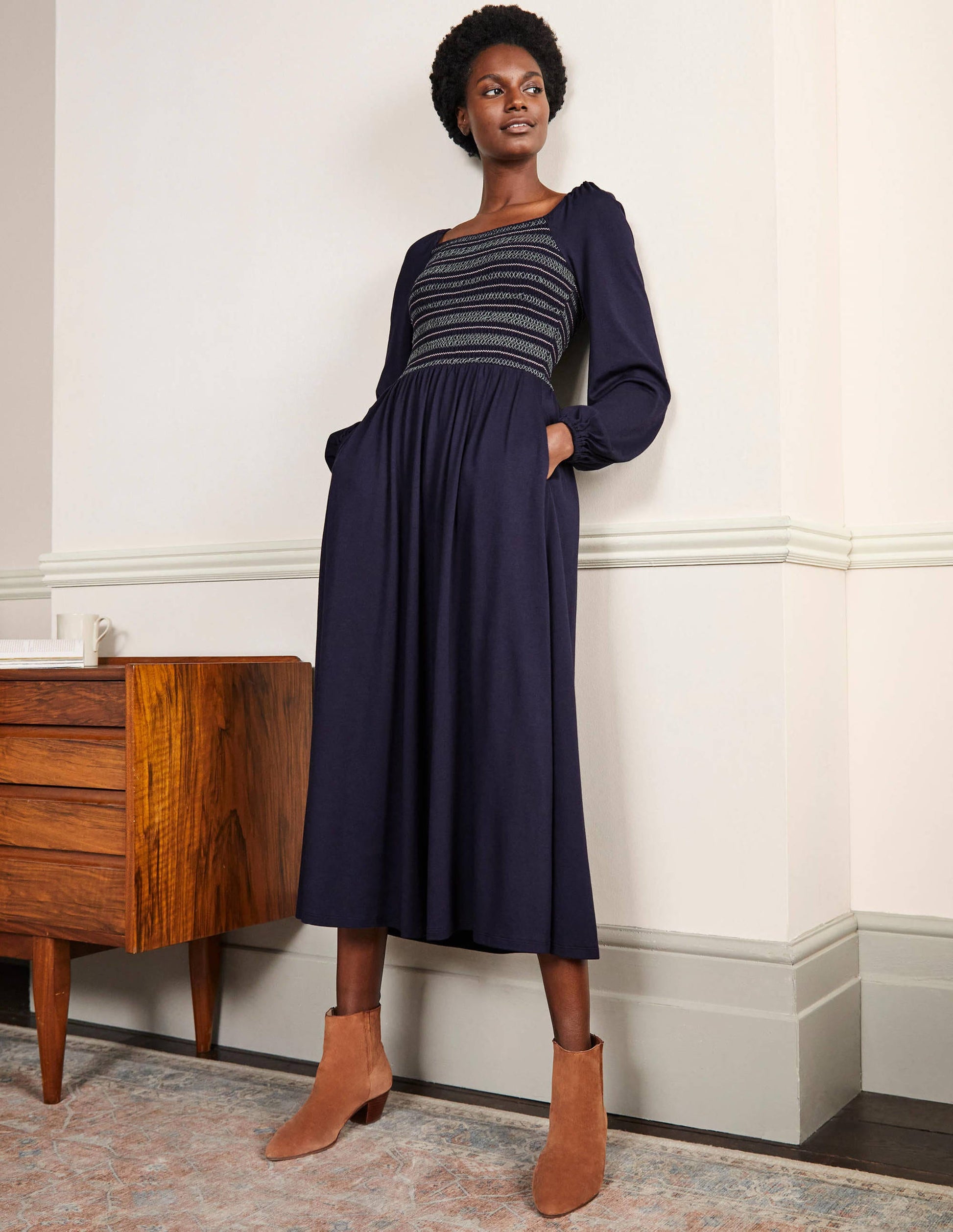 Robe midi à smocks en jersey-Bleu marine-4
