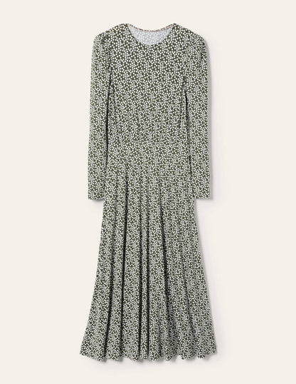Jersey-Midikleid mit Puffärmeln-Sumpfgrün, Verstreute Tupfen
