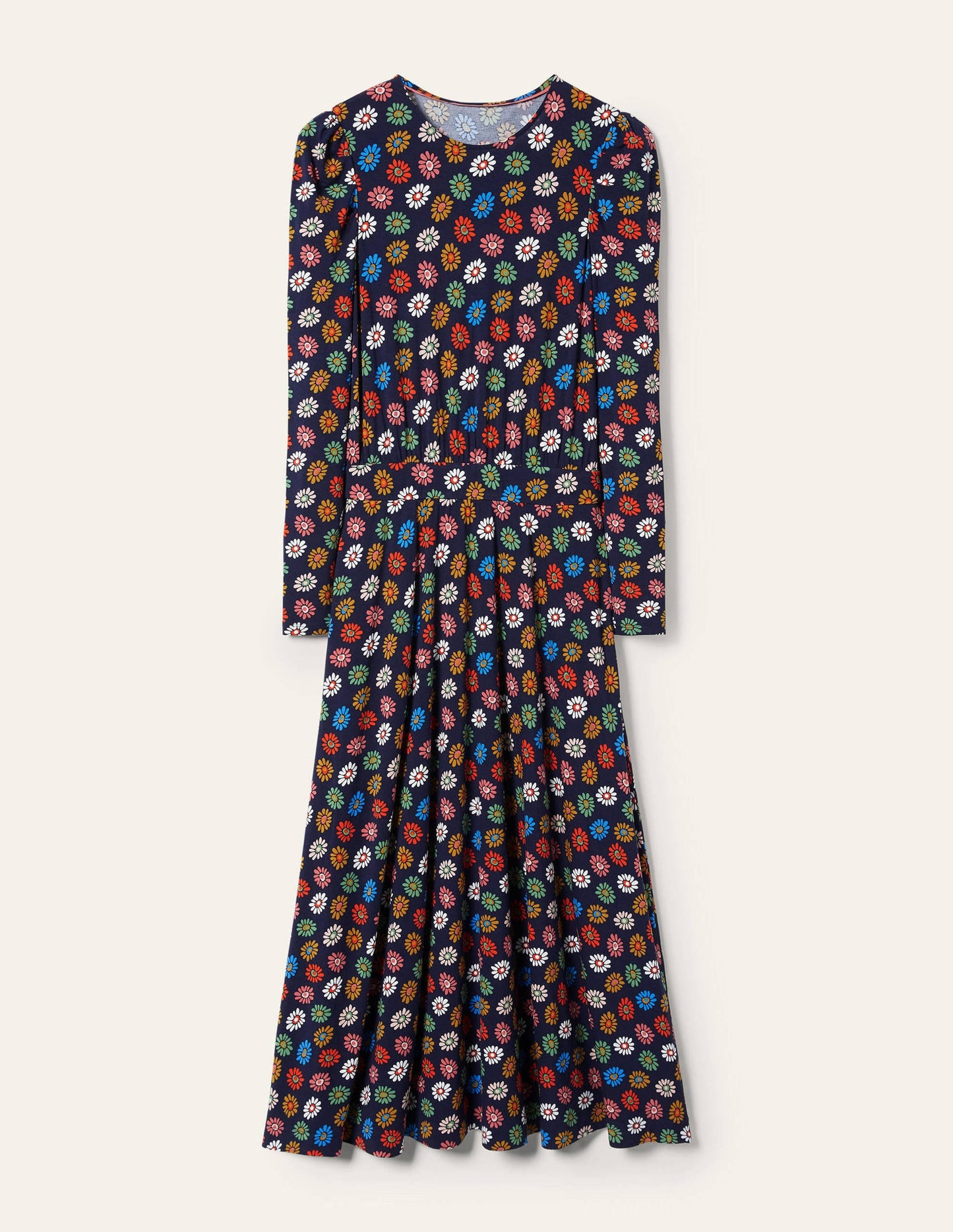Jersey-Midikleid mit Puffärmeln-Französisches Navy, Regenbogen-Gänseblümchen