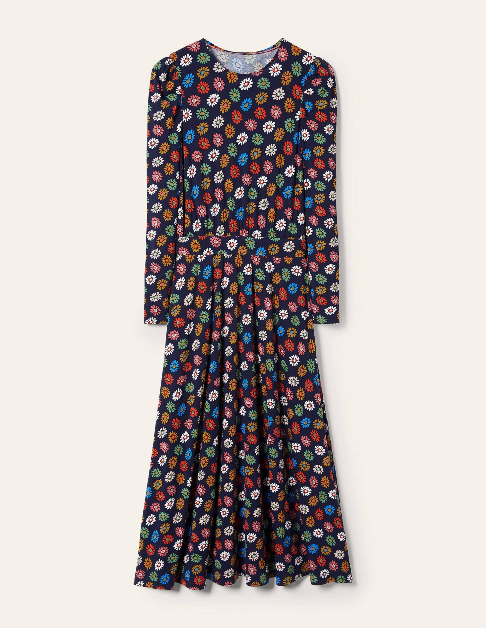 Puff Sleeve Jersey Midi Dress-French Navy, Rainbow Daisies - Image 6