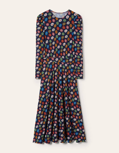 Jersey-Midikleid mit Puffärmeln-Französisches Navy, Regenbogen-Gänseblümchen-6
