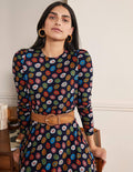 Puff Sleeve Jersey Midi Dress-French Navy, Rainbow Daisies