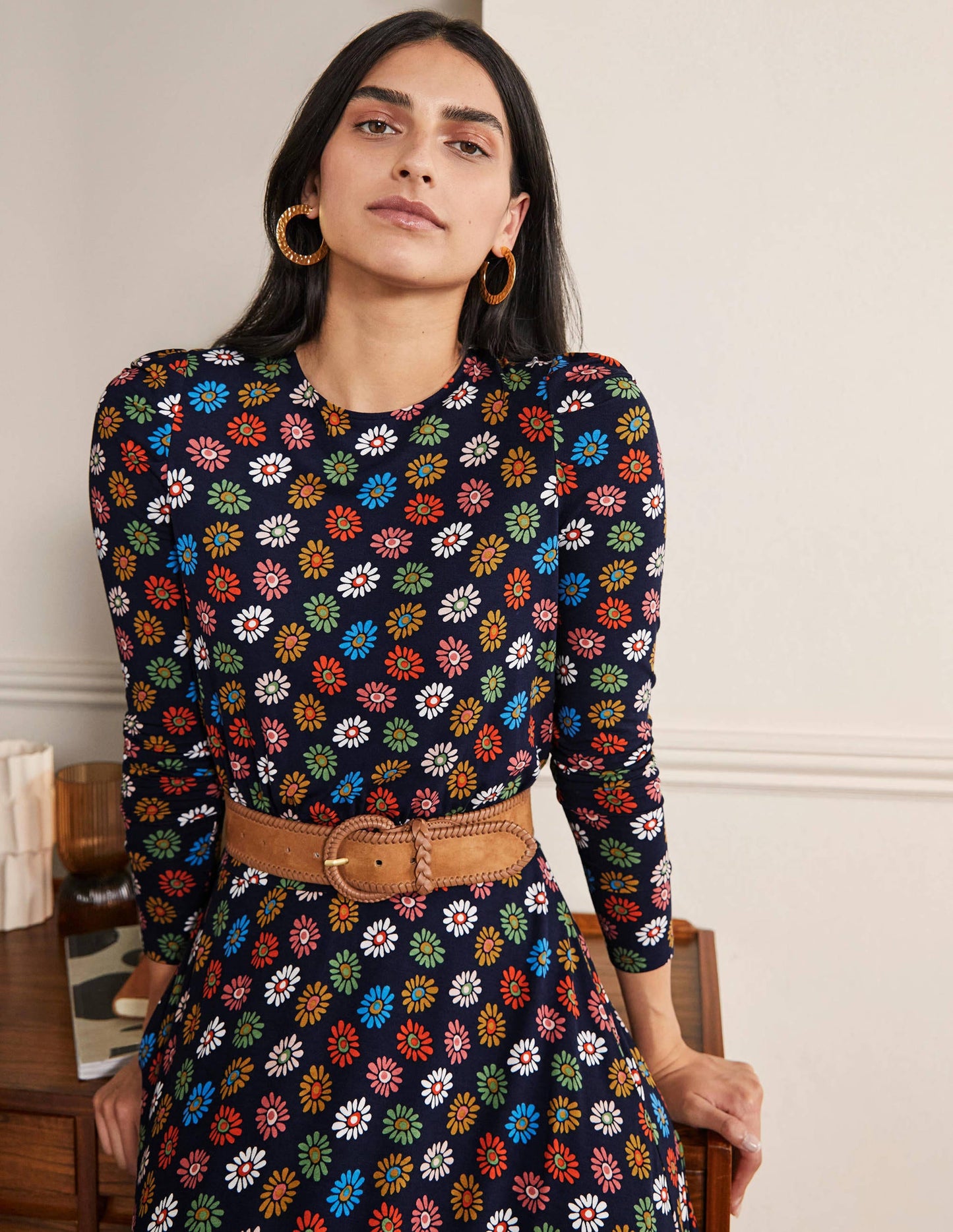 Jersey-Midikleid mit Puffärmeln-Französisches Navy, Regenbogen-Gänseblümchen