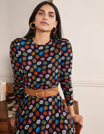 Jersey-Midikleid mit Puffärmeln-Französisches Navy, Regenbogen-Gänseblümchen-1