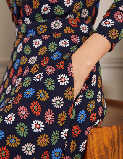 Jersey-Midikleid mit Puffärmeln-Französisches Navy, Regenbogen-Gänseblümchen-2