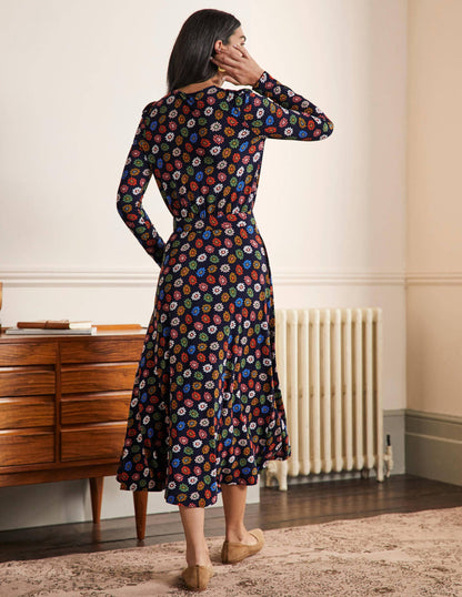 Jersey-Midikleid mit Puffärmeln-Französisches Navy, Regenbogen-Gänseblümchen-3