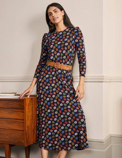 Jersey-Midikleid mit Puffärmeln-Französisches Navy, Regenbogen-Gänseblümchen-4