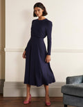 Puff Sleeve Jersey Midi Dress-Navy