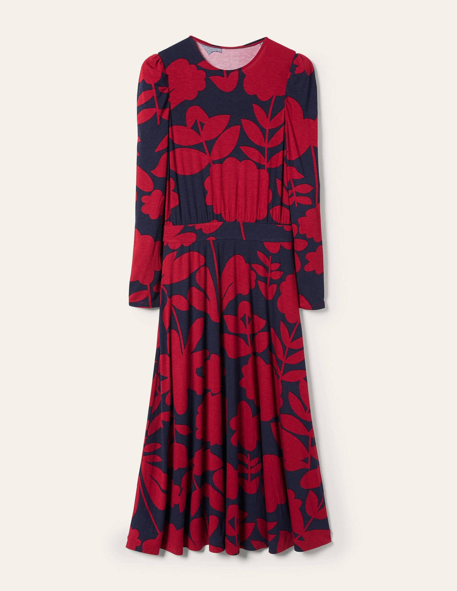 Puff Sleeve Jersey Midi Dress-Winter Berry, Floral Bloom-5