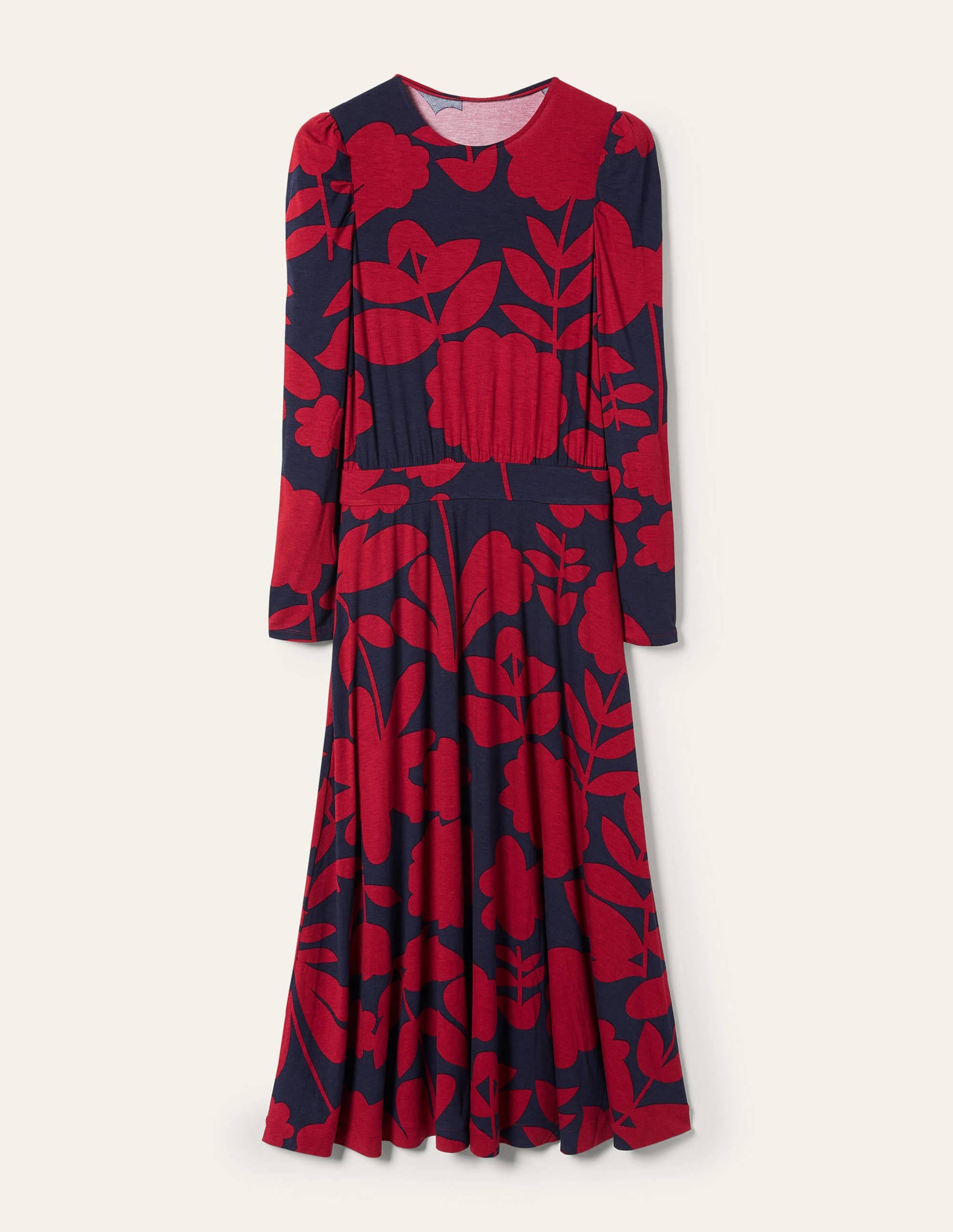 Puff Sleeve Jersey Midi Dress-Winter Berry, Floral Bloom - Image 5