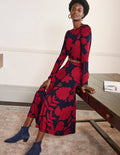 Puff Sleeve Jersey Midi Dress-Winter Berry, Floral Bloom