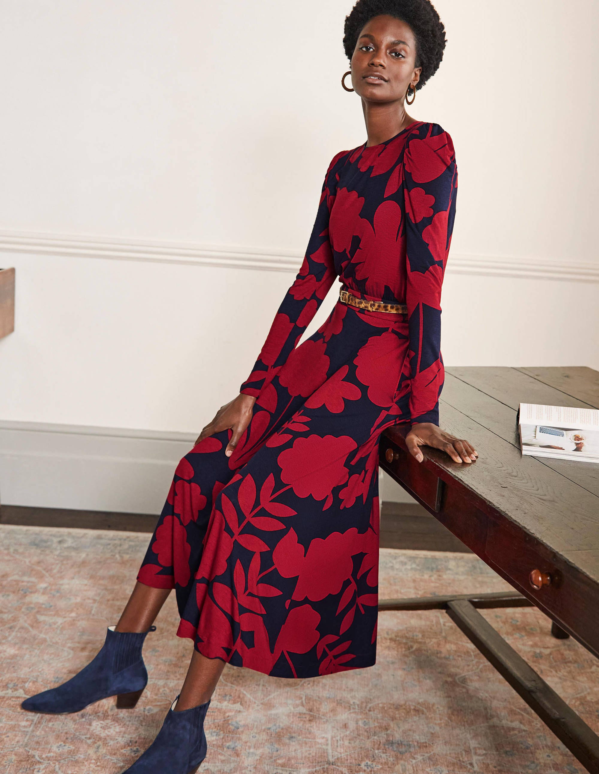 Puff Sleeve Jersey Midi Dress-Winter Berry, Floral Bloom - Image 1