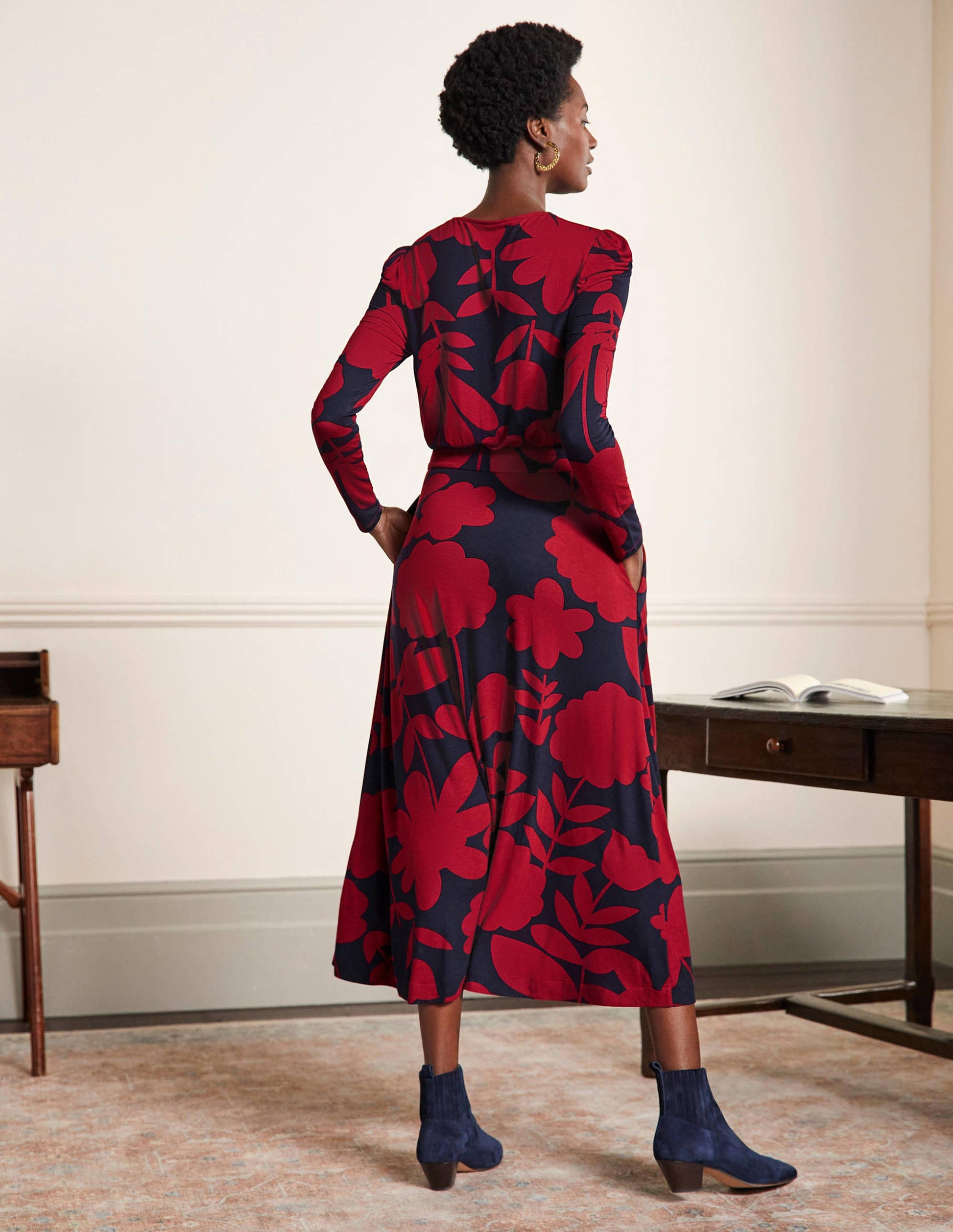 Puff Sleeve Jersey Midi Dress-Winter Berry, Floral Bloom-3