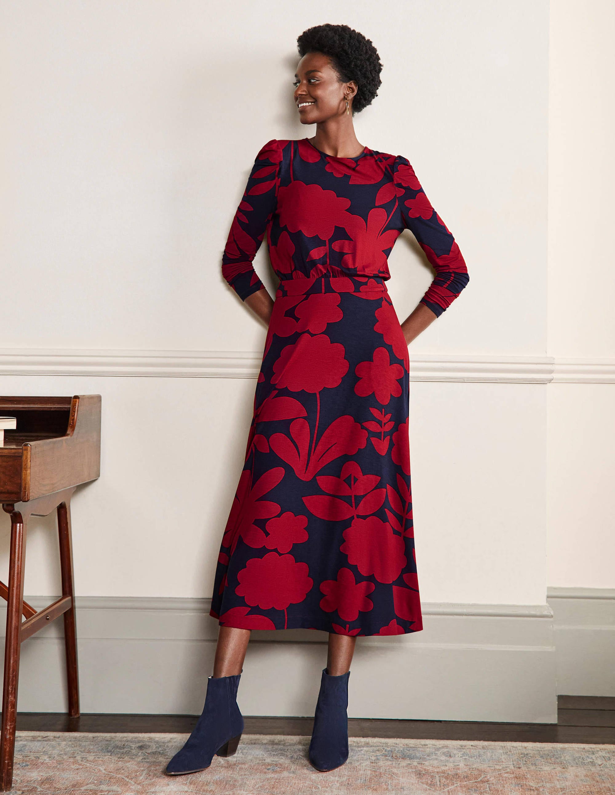 Puff Sleeve Jersey Midi Dress-Winter Berry, Floral Bloom - Image 4