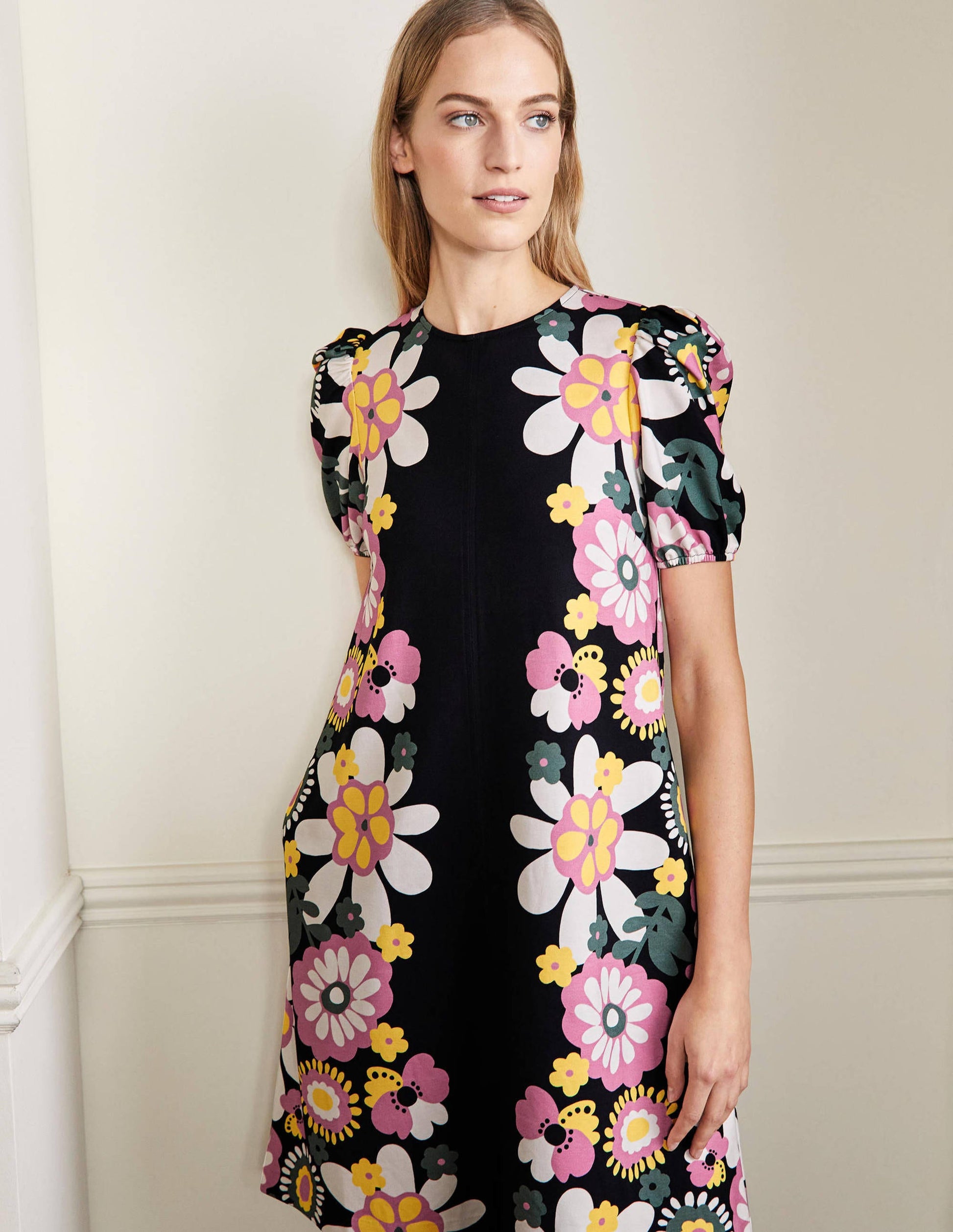 Seam Detail Jersey Shift Dress-Black Flora Bloom-1
