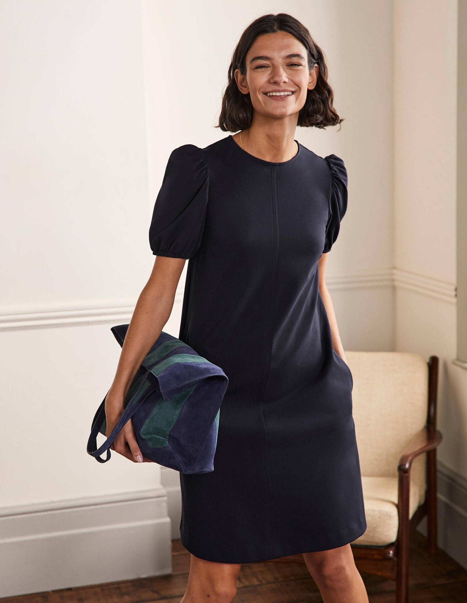 Robe fourreau en jersey à surpiqûres-Bleu marine-1