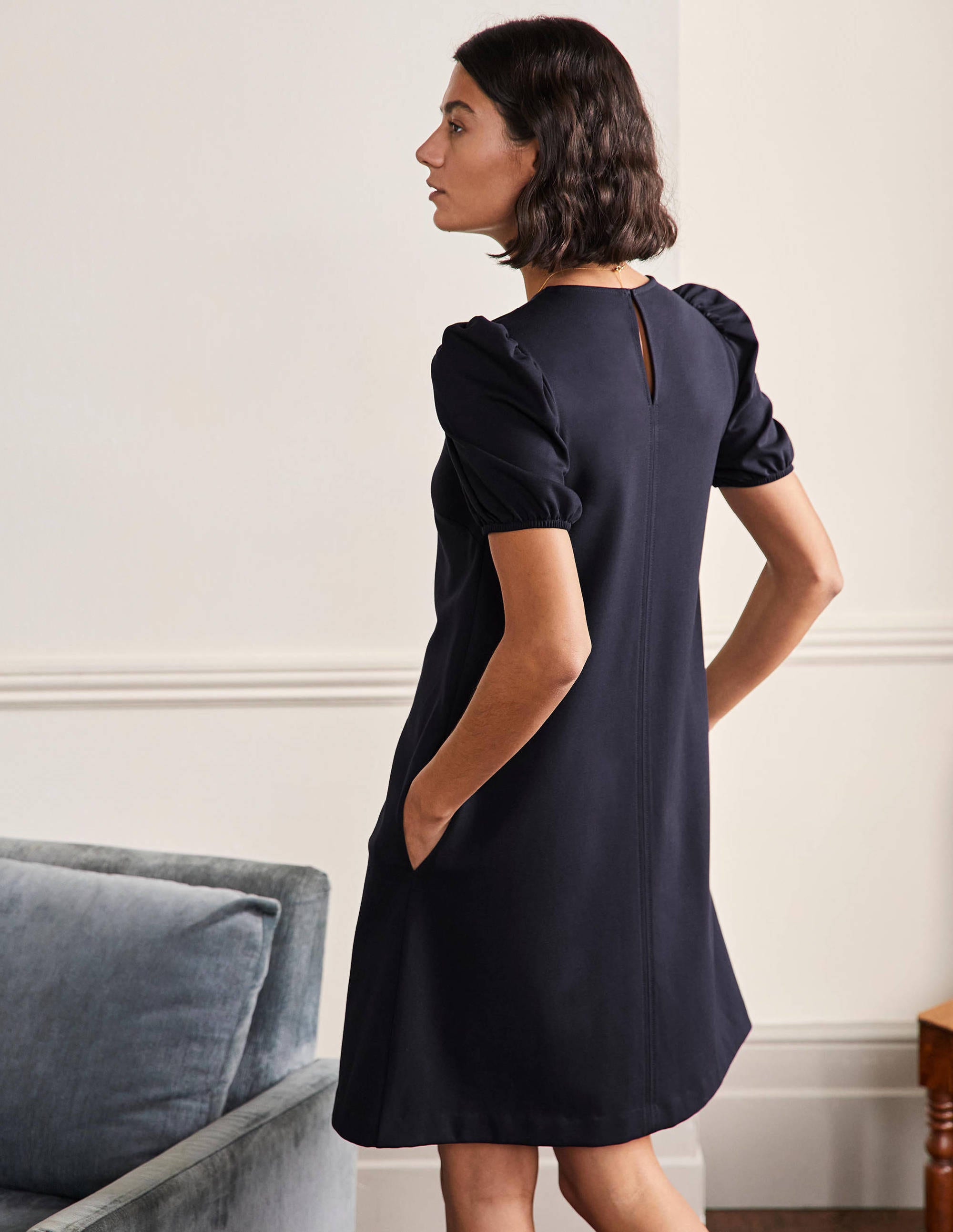 Robe fourreau en jersey à surpiqûres-Bleu marine - Image 3
