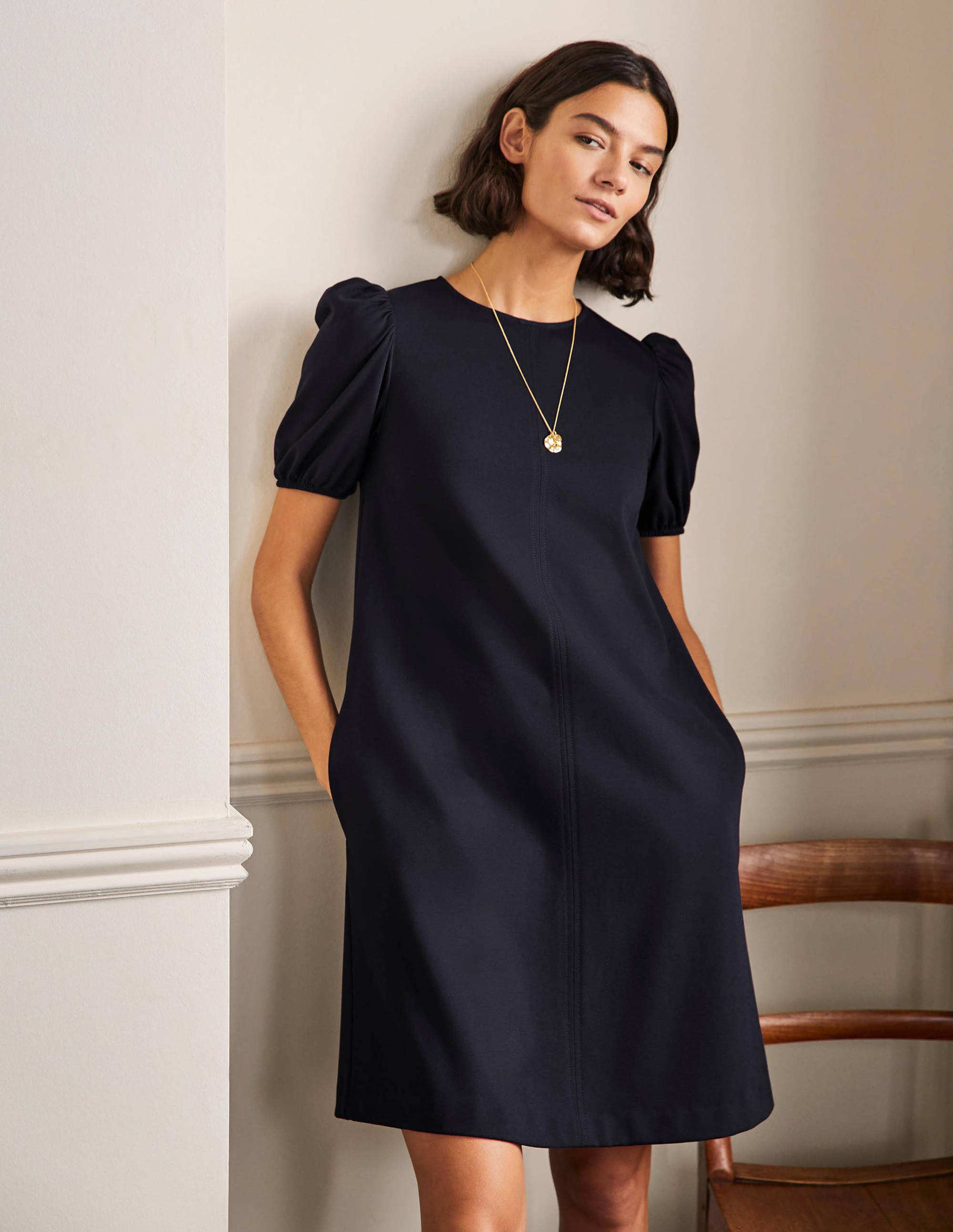 Robe fourreau en jersey à surpiqûres-Bleu marine - Image 4