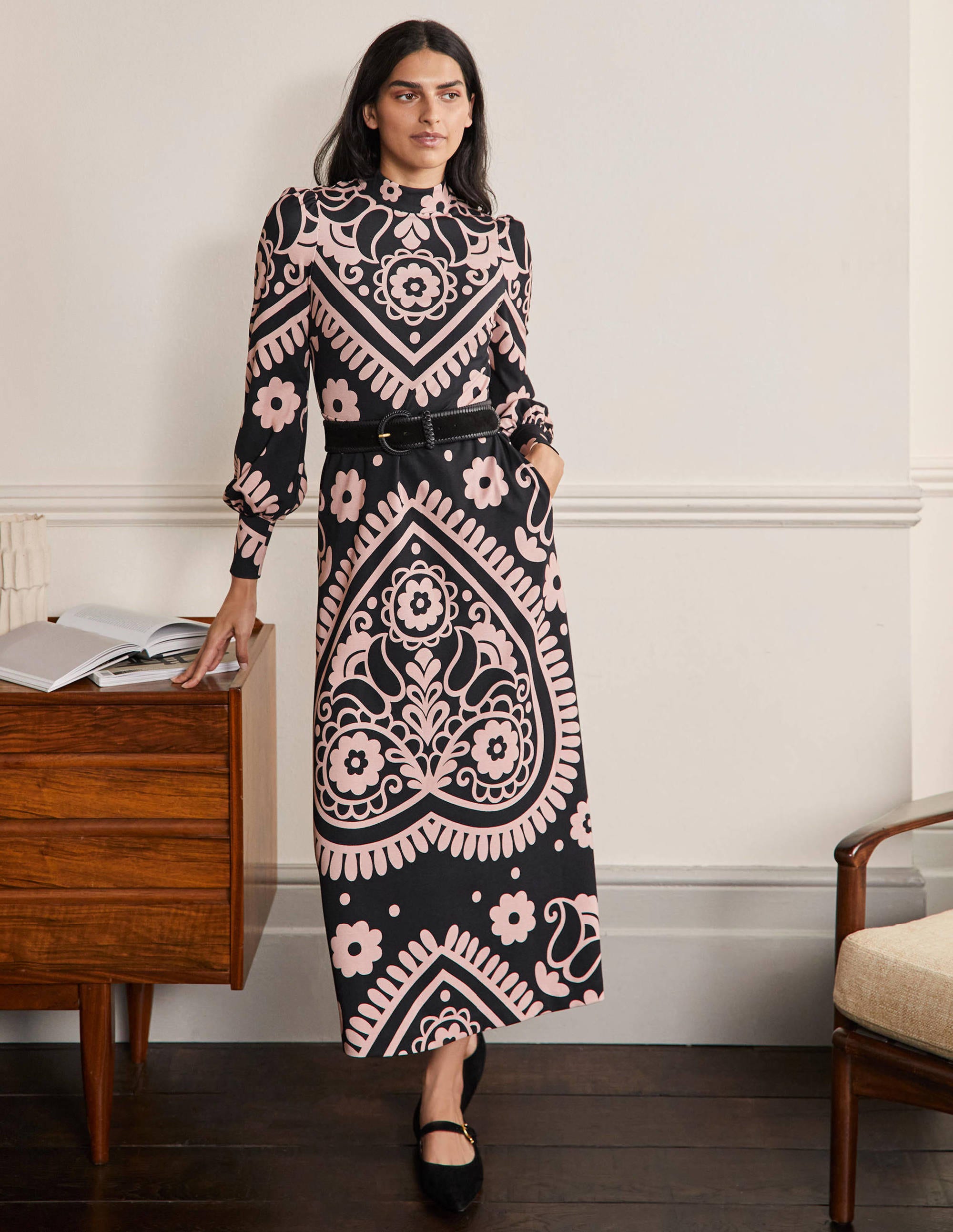 Cuffed Jersey Midi Dress-Black, Floral Heart - Image 1