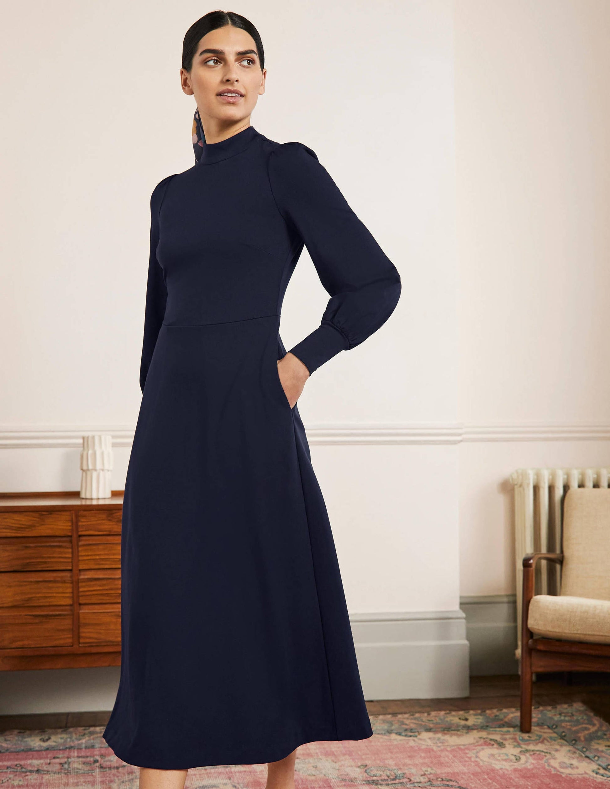 Robe midi en jersey-Bleu marine-1