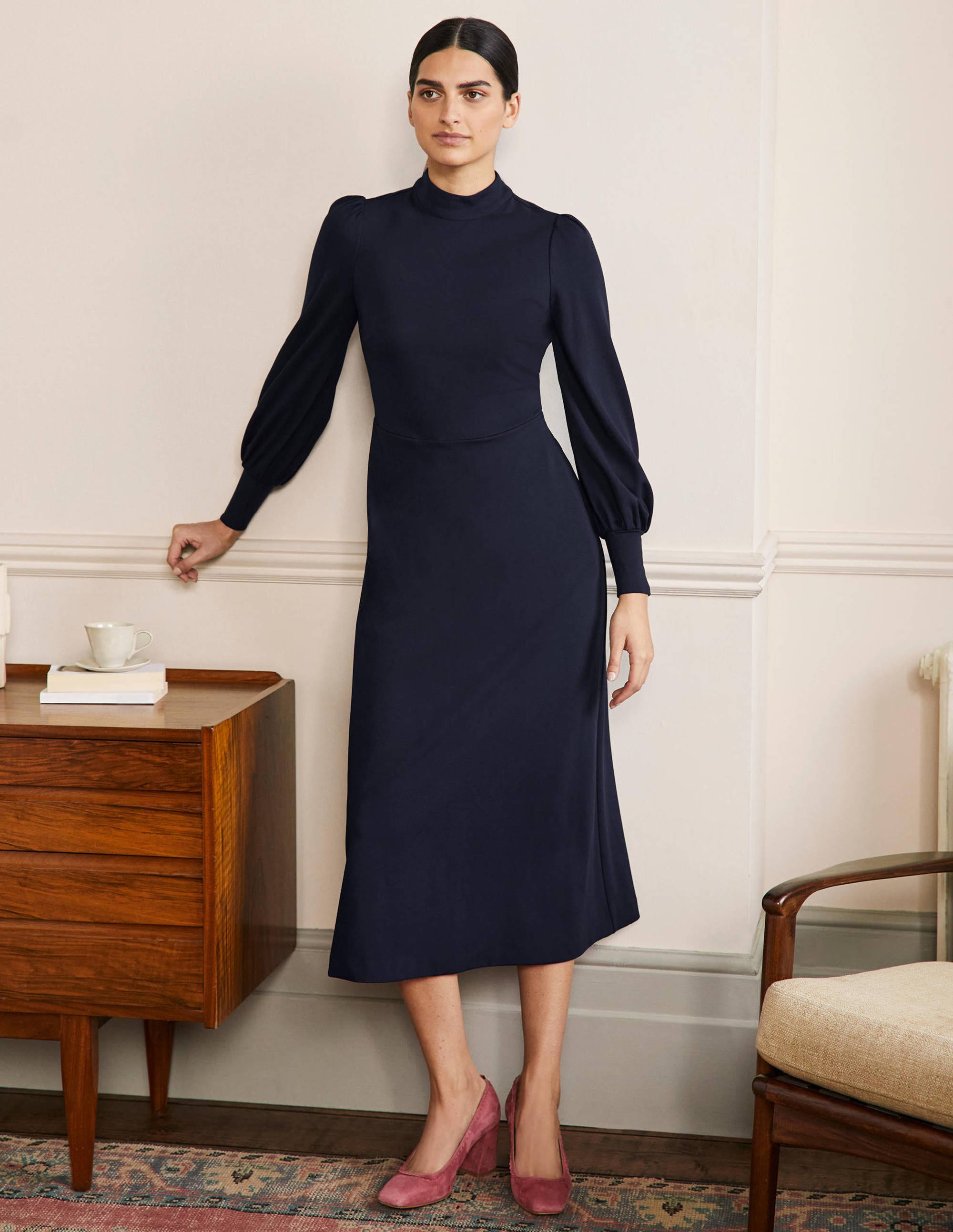 Robe midi en jersey-Bleu marine - Image 4
