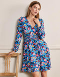 Minikleid mit V-Ausschnitt-Marokkoblau, Blüten