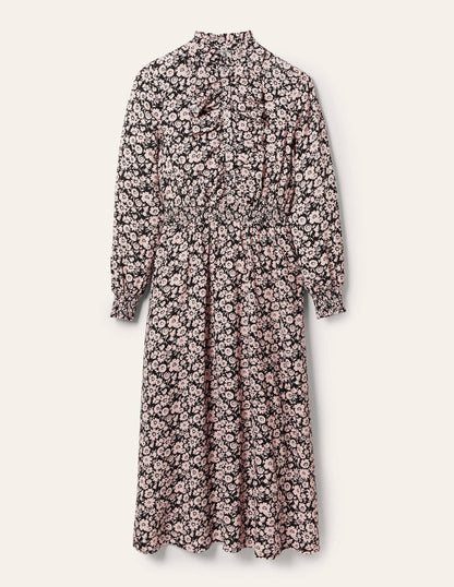 Midikleid mit Rüschen vorne-Schwarz, Elegante Blüten