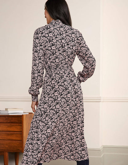 Midikleid mit Rüschen vorne-Schwarz, Elegante Blüten