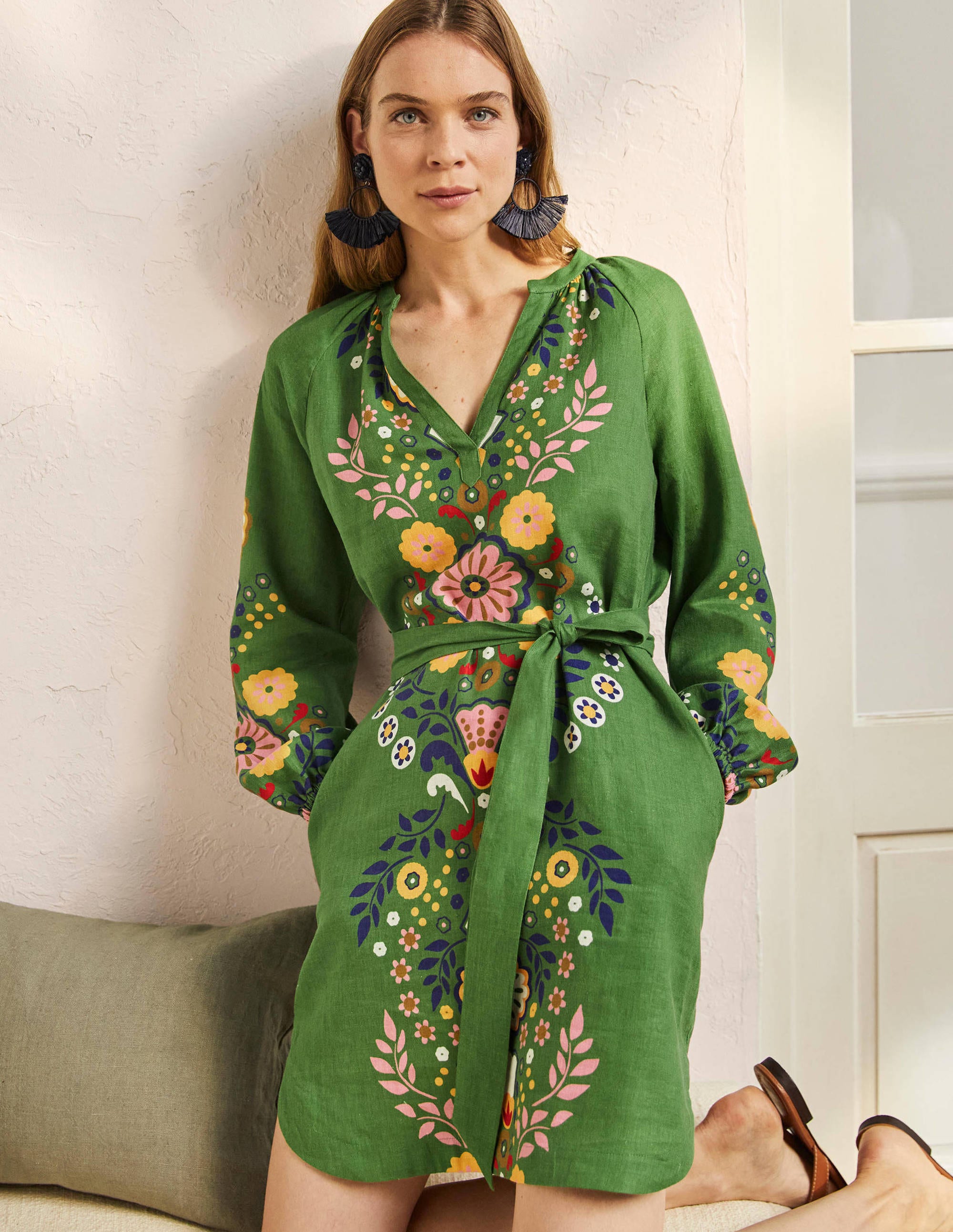 Mini-robe à col cranté en lin-Lierre anglais, motif Opulent Garden - Image 1