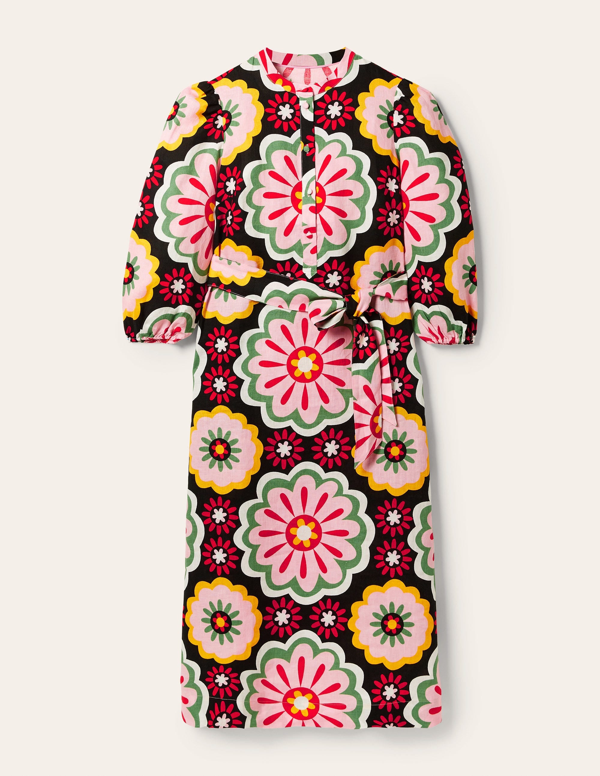 Midi-Hemdblusenkleid aus Leinen-Schwarz, Üppige Gänseblümchen - Image 5