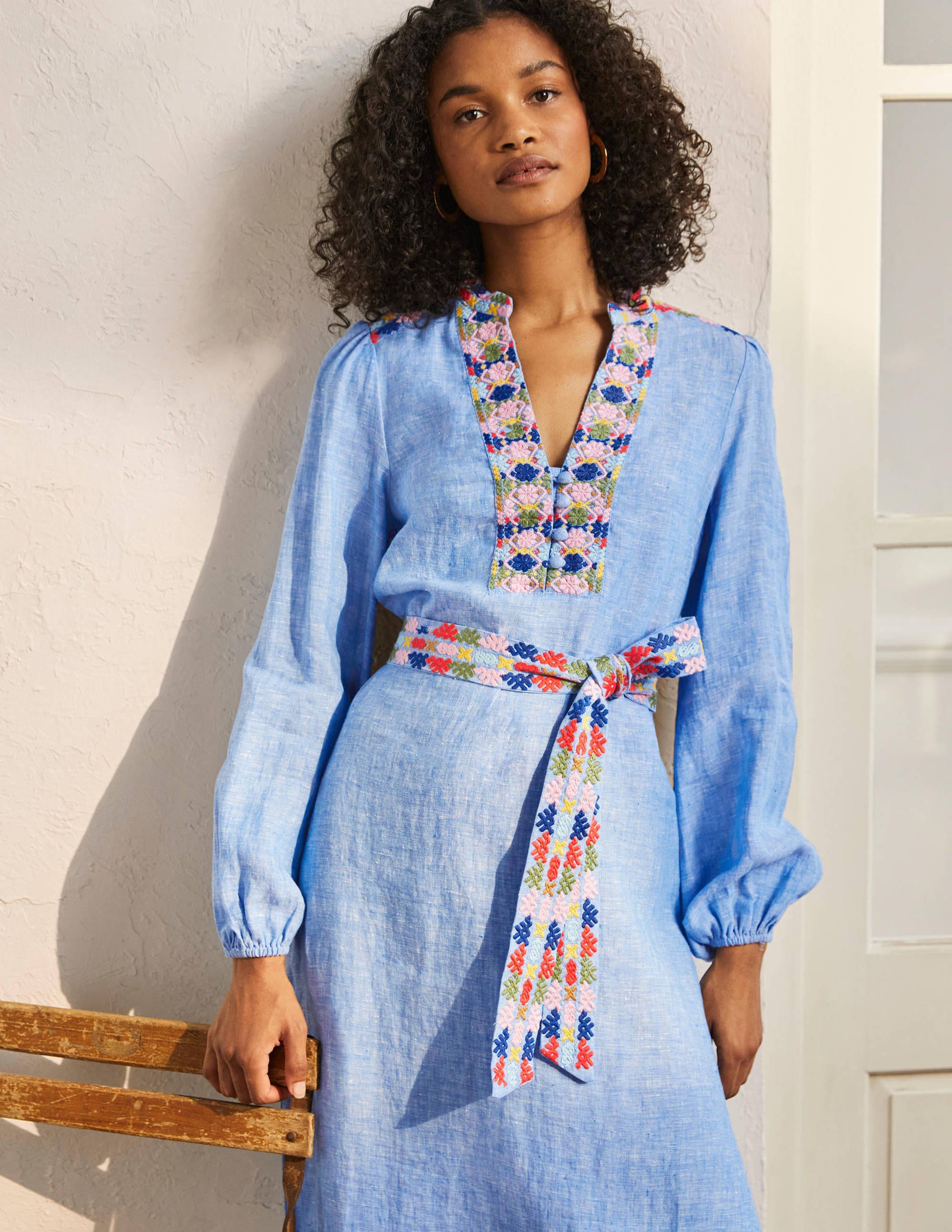 Embroidered Midi Kaftan-Chambray - Image 4