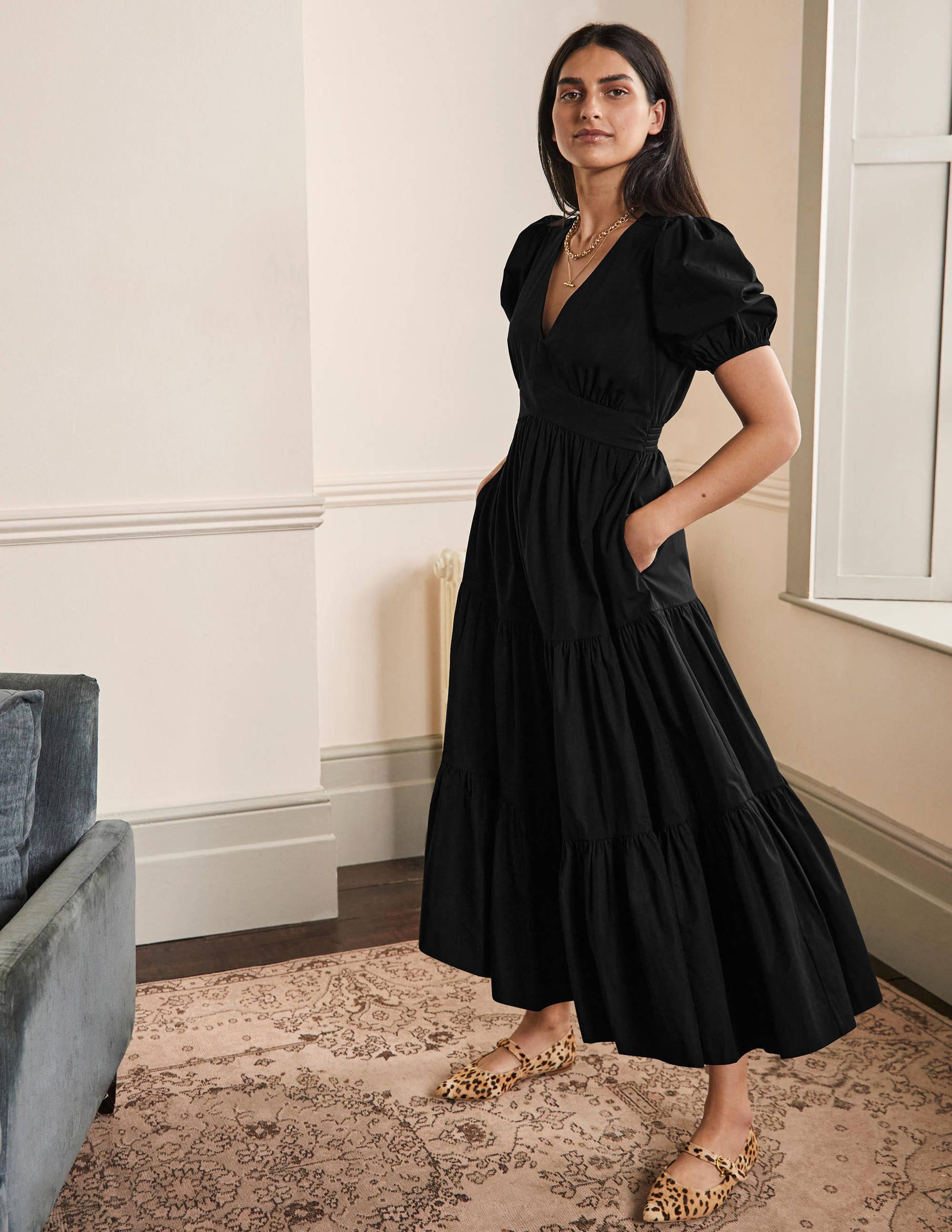 Robe longue volantée à manches bouffantes-Noir - Image 1