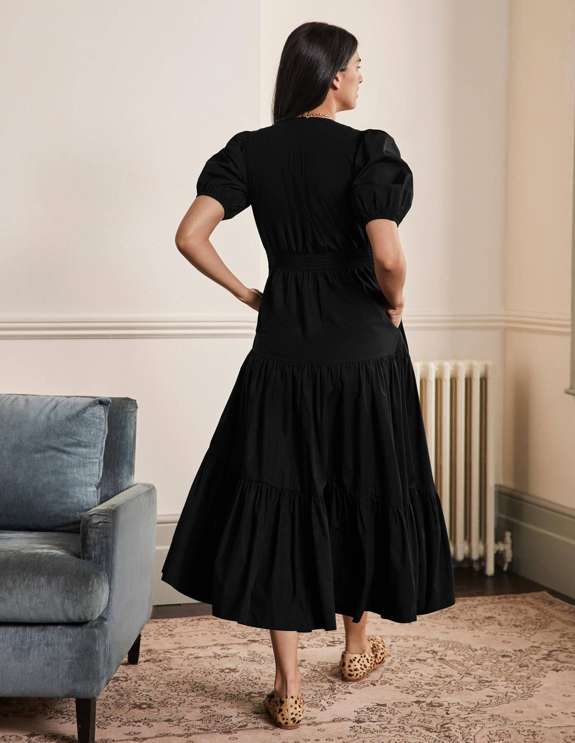 Robe longue volantée à manches bouffantes-Noir-3