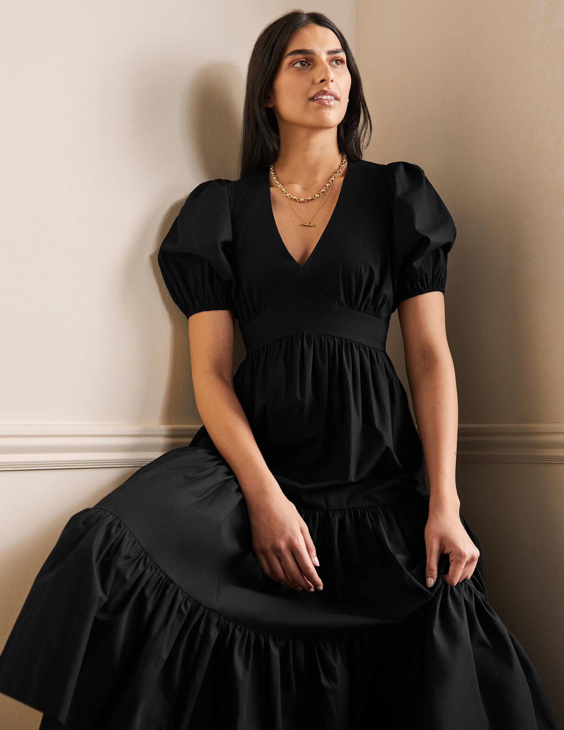 Robe longue volantée à manches bouffantes-Noir-4