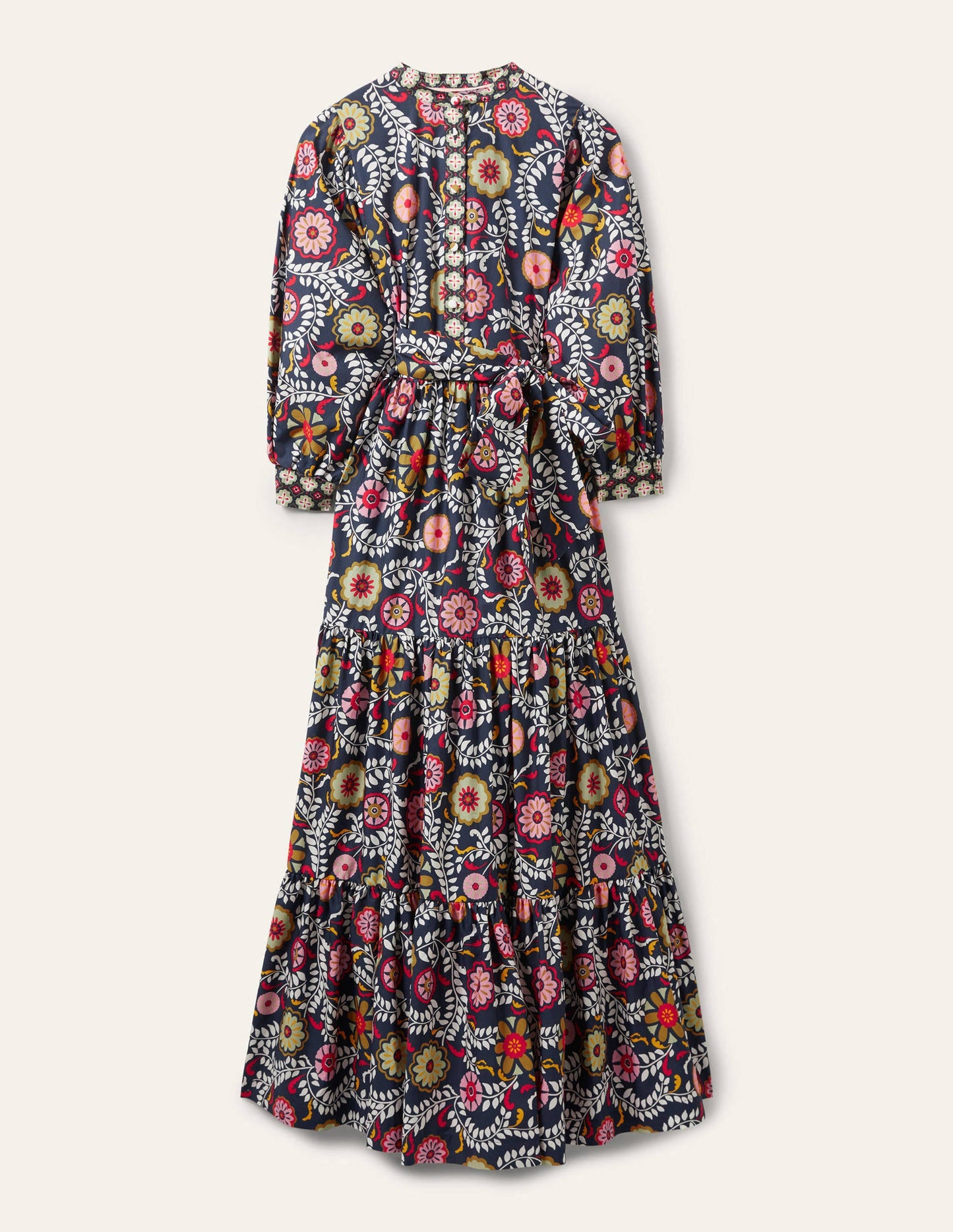 Robe longue Ava à volants-Bleu marine foncé, motif Opulent Garden