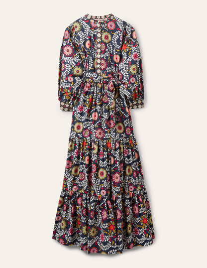 Robe longue Ava à volants-Bleu marine foncé, motif Opulent Garden-5