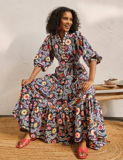 Robe longue Ava à volants-Bleu marine foncé, motif Opulent Garden-1